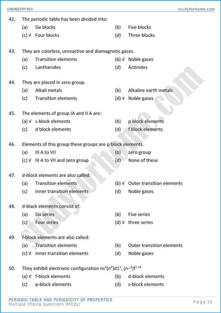 periodic table and periodicity of properties multiple choice questions chemistry class 9th 06