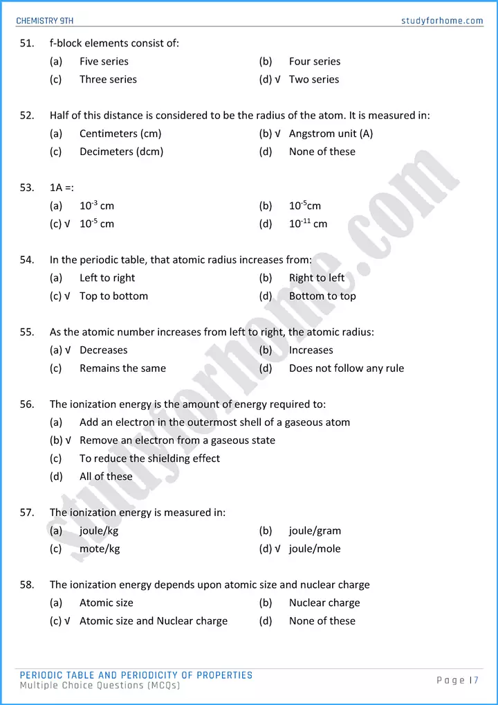 periodic table and periodicity of properties multiple choice questions chemistry class 9th 07