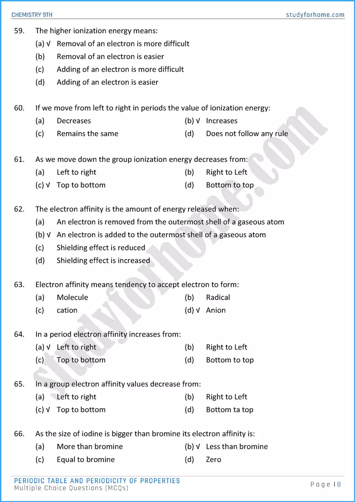 periodic table and periodicity of properties multiple choice questions chemistry class 9th 08