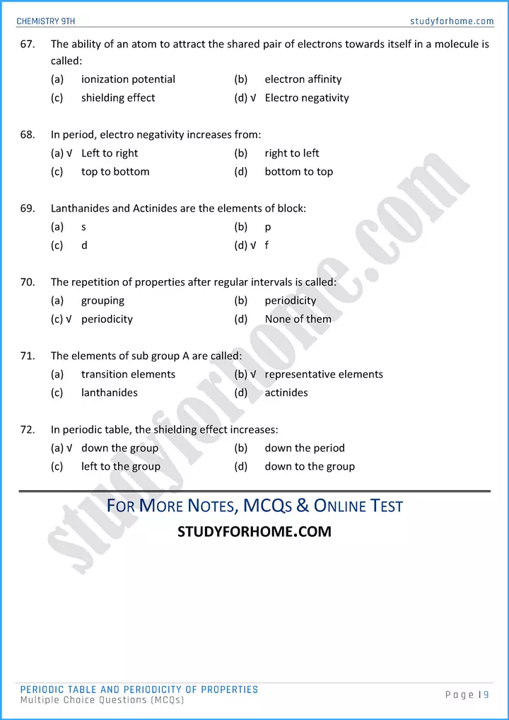 periodic table and periodicity of properties multiple choice questions chemistry class 9th 09