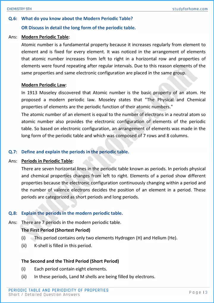 periodic table and periodicity of properties short and detailed question answers chemistry class 9th 03