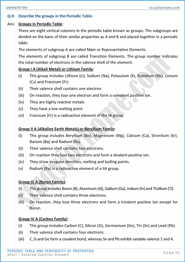 periodic table and periodicity of properties short and detailed question answers chemistry class 9th 05