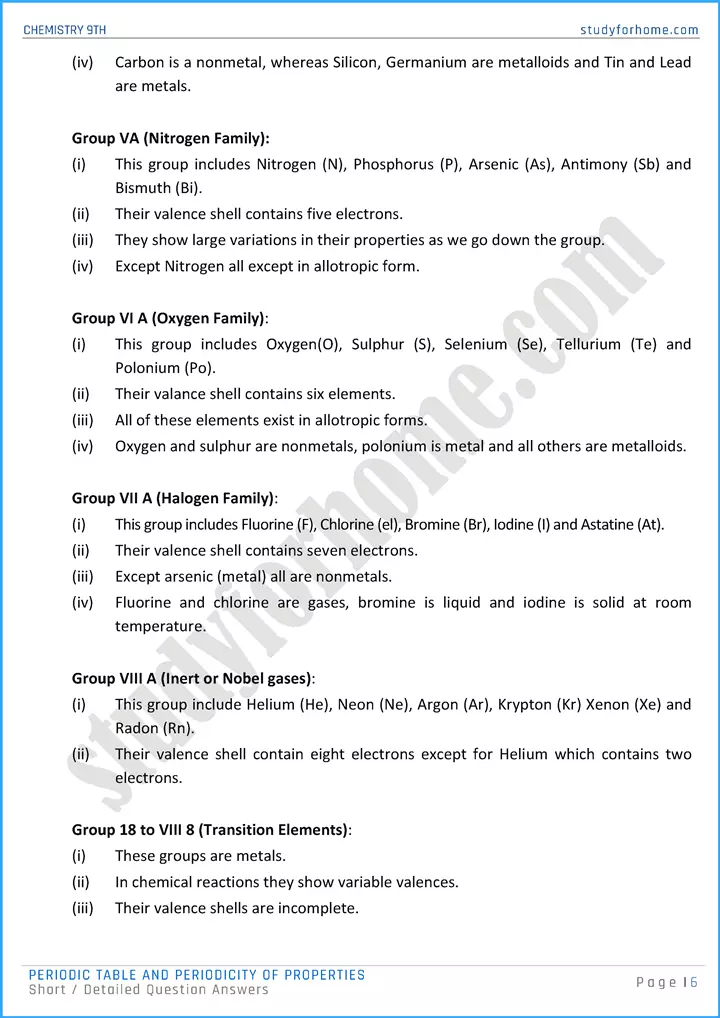 periodic table and periodicity of properties short and detailed question answers chemistry class 9th 06