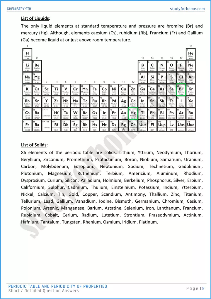 periodic table and periodicity of properties short and detailed question answers chemistry class 9th 08