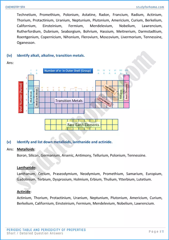 periodic table and periodicity of properties short and detailed question answers chemistry class 9th 11