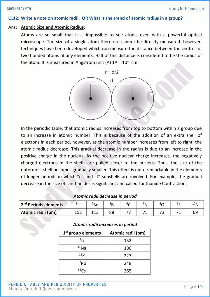 periodic table and periodicity of properties short and detailed question answers chemistry class 9th 13