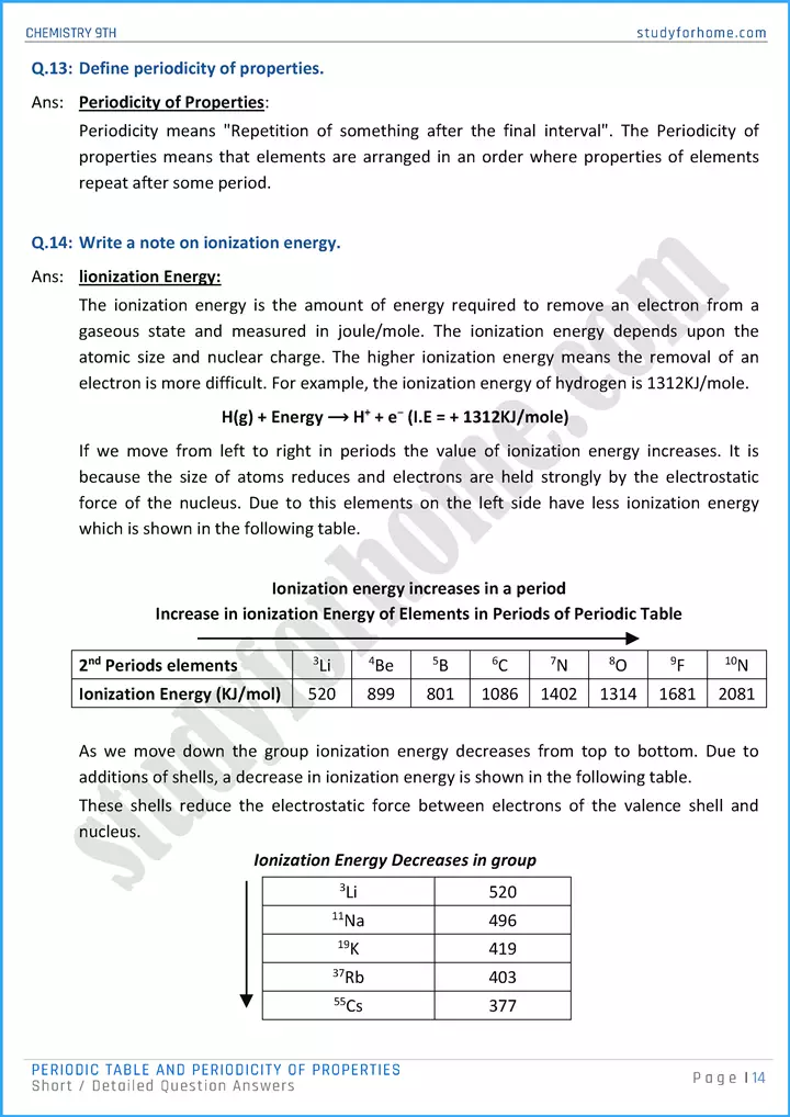 periodic table and periodicity of properties short and detailed question answers chemistry class 9th 14