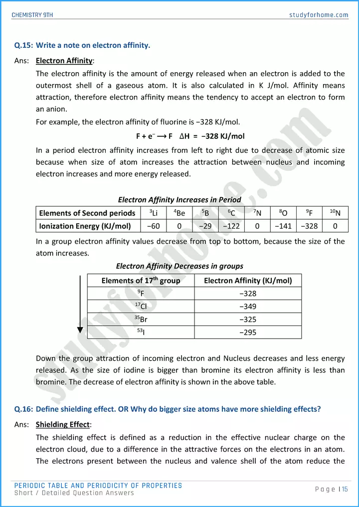 periodic table and periodicity of properties short and detailed question answers chemistry class 9th 15