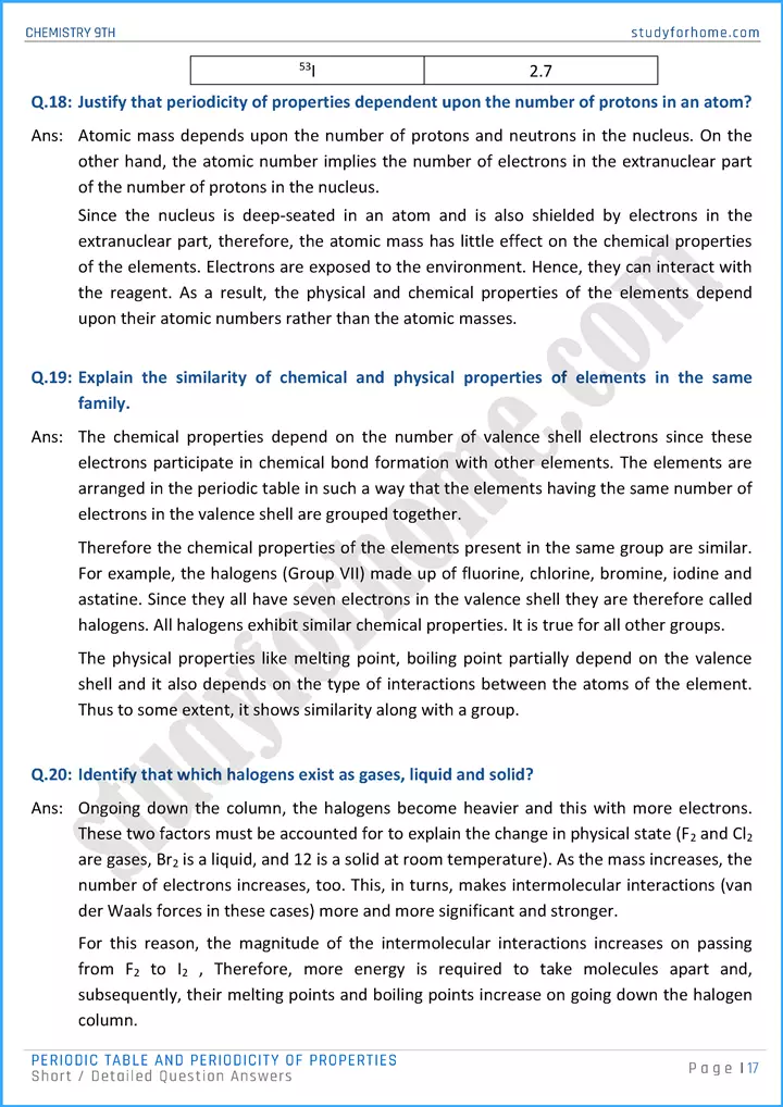 periodic table and periodicity of properties short and detailed question answers chemistry class 9th 17