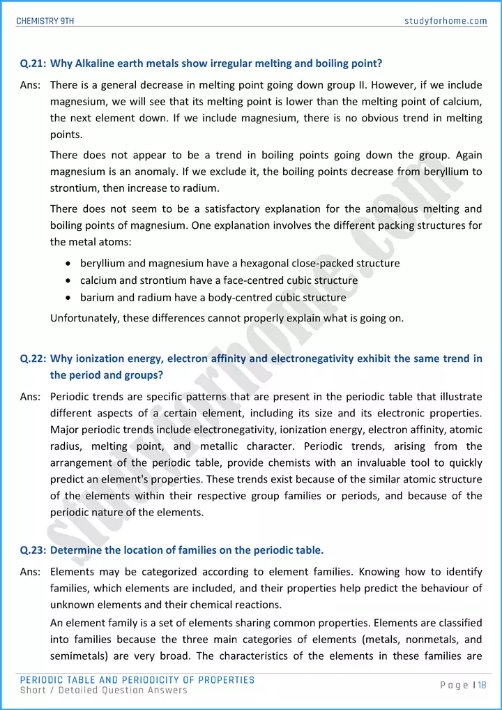 periodic table and periodicity of properties short and detailed question answers chemistry class 9th 18
