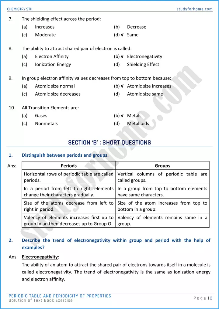 periodic table and periodicity of properties solution of text book exercise chemistry class 9th 02