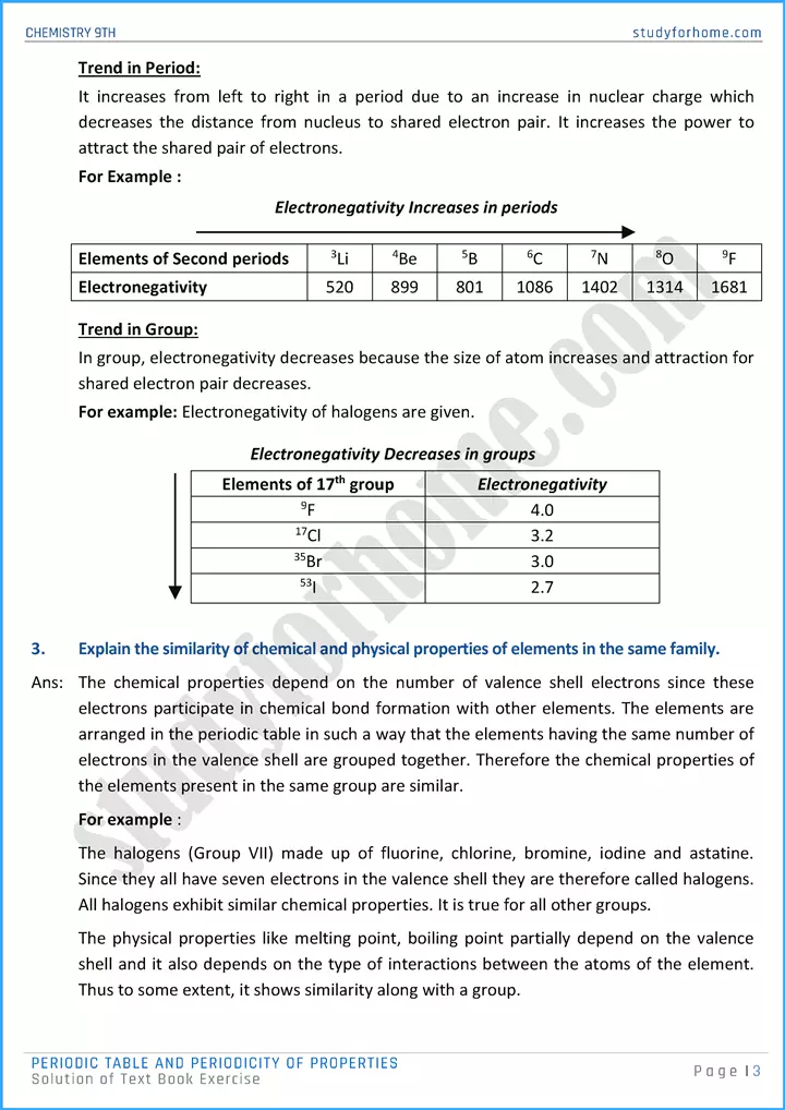 periodic table and periodicity of properties solution of text book exercise chemistry class 9th 03