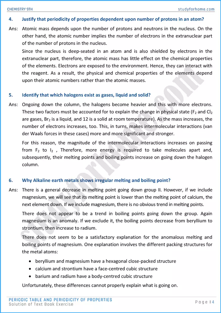 periodic table and periodicity of properties solution of text book exercise chemistry class 9th 04