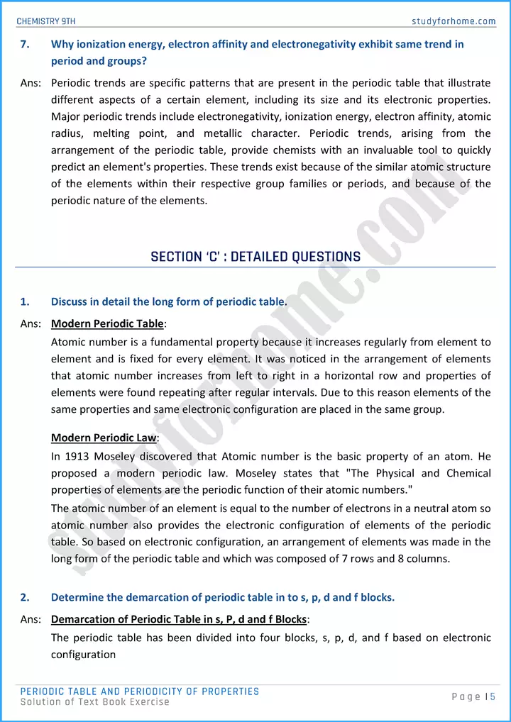 periodic table and periodicity of properties solution of text book exercise chemistry class 9th 05