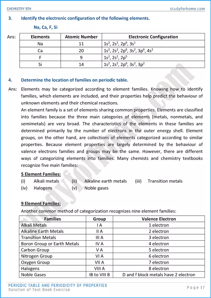 periodic table and periodicity of properties solution of text book exercise chemistry class 9th 07