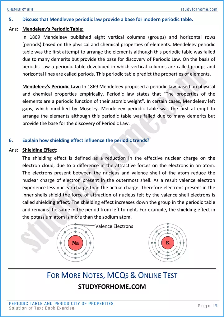 periodic table and periodicity of properties solution of text book exercise chemistry class 9th 08