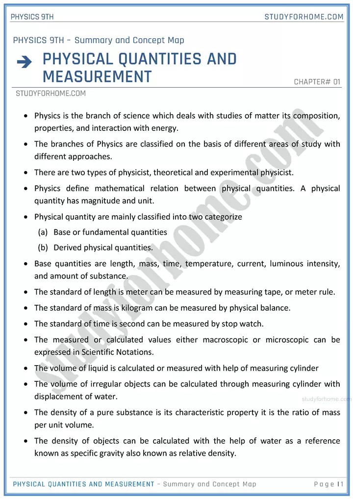 physical quantities and measurement chapter summary and concept map physics class 9th 01