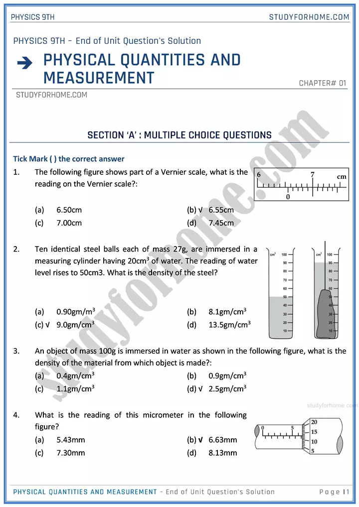 physical quantities and measurement end of unit questions solution physics class 9th 01