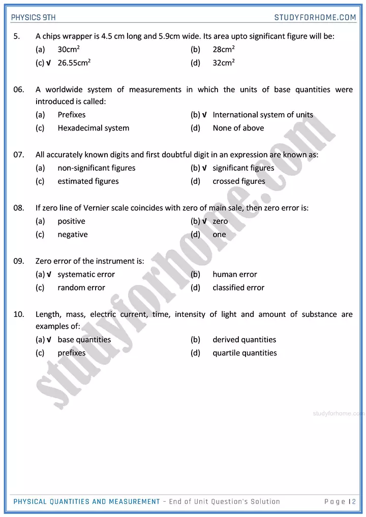 physical quantities and measurement end of unit questions solution physics class 9th 02