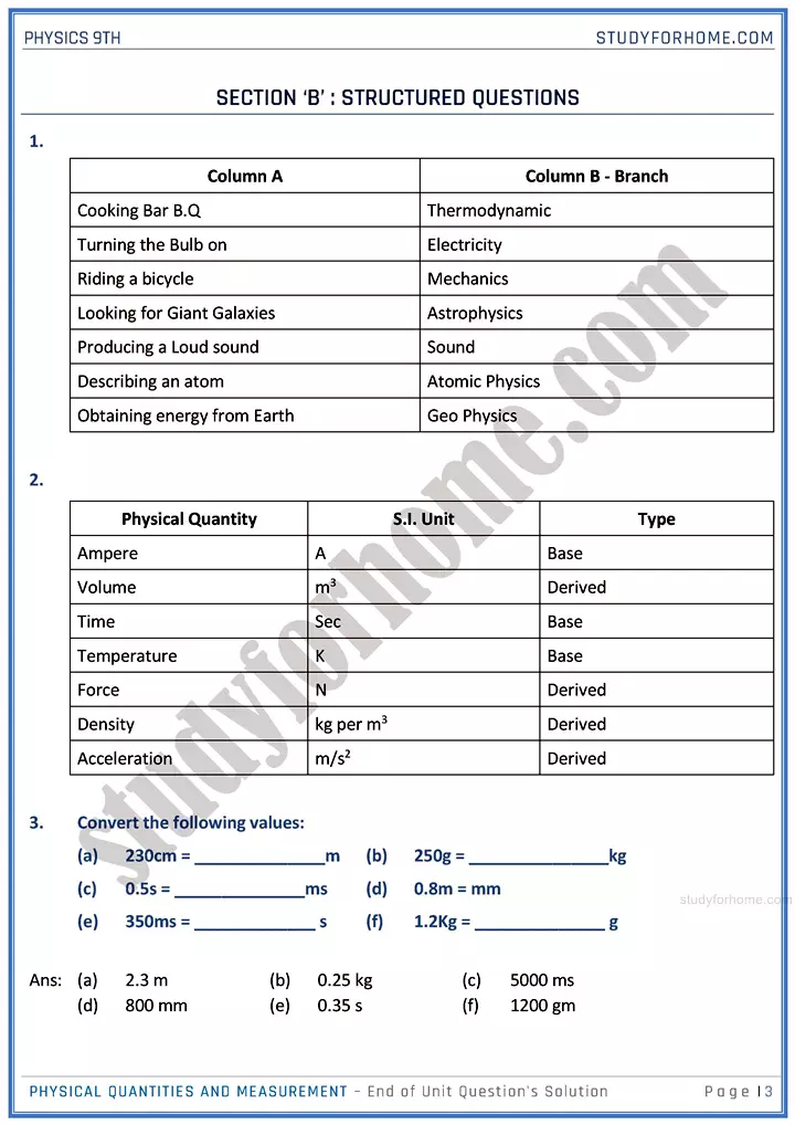 physical quantities and measurement end of unit questions solution physics class 9th 03