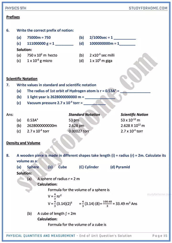 physical quantities and measurement end of unit questions solution physics class 9th 05