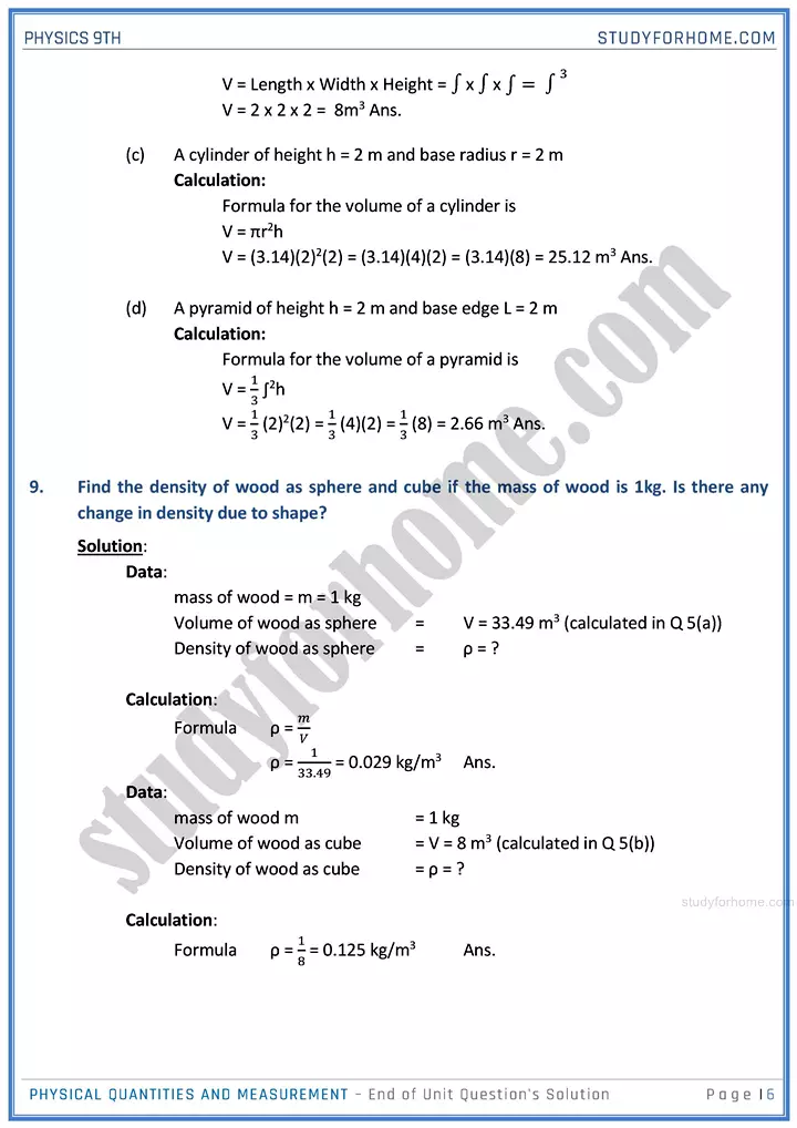 physical quantities and measurement end of unit questions solution physics class 9th 06