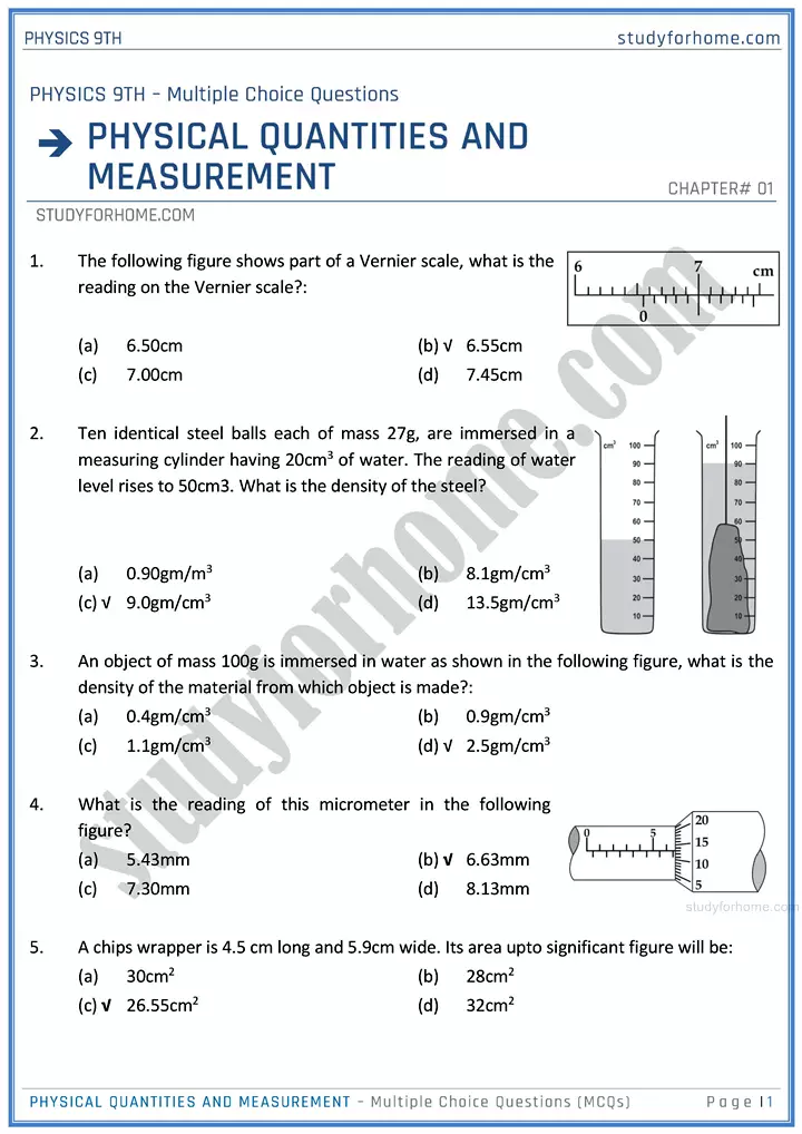 physical quantities and measurement multiple choice questions physics class 9th 01