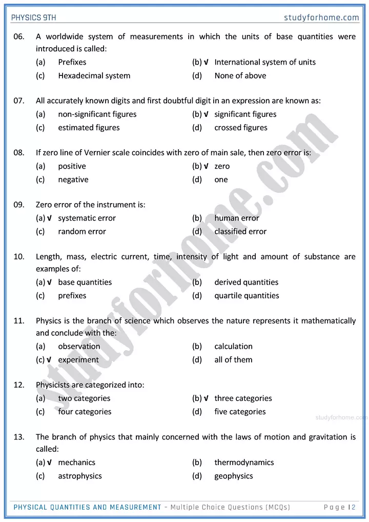 physical quantities and measurement multiple choice questions physics class 9th 02