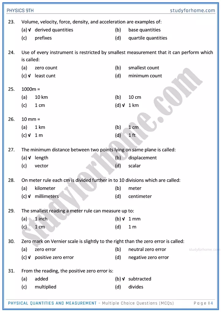 physical quantities and measurement multiple choice questions physics class 9th 04