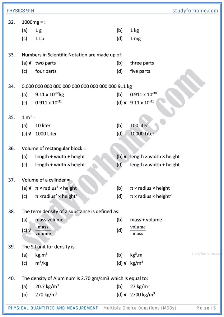 physical quantities and measurement multiple choice questions physics class 9th 05