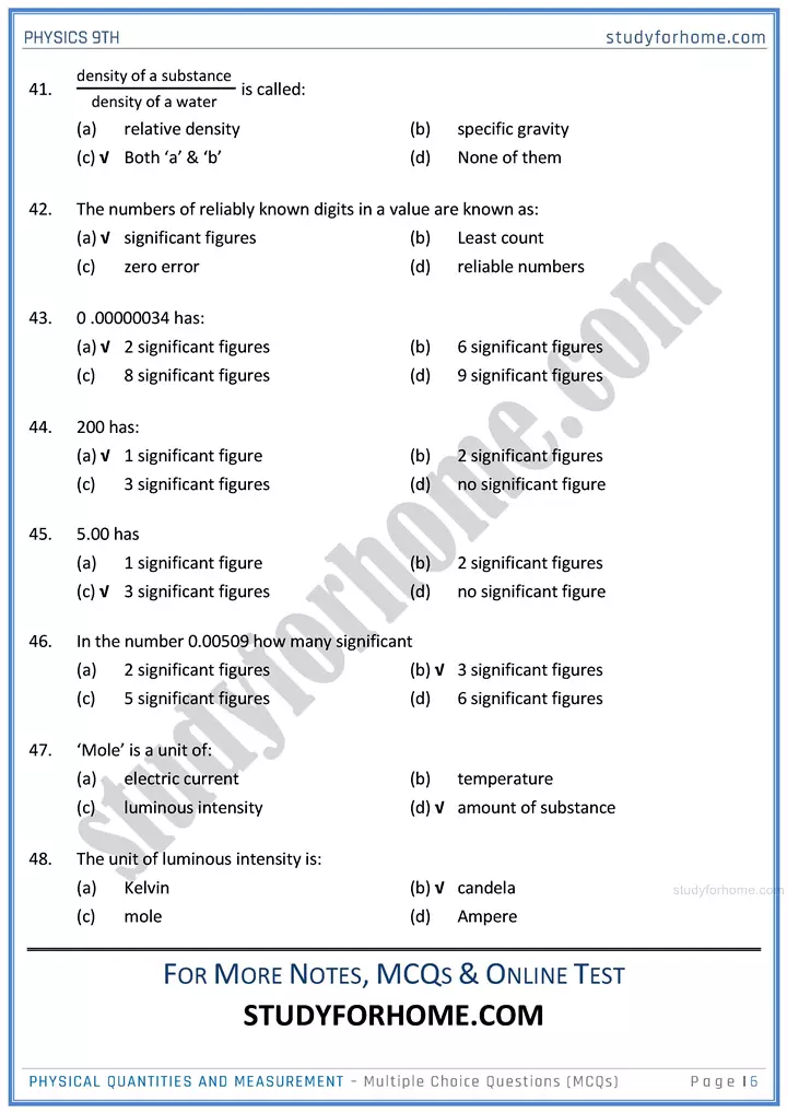 physical quantities and measurement multiple choice questions physics class 9th 06