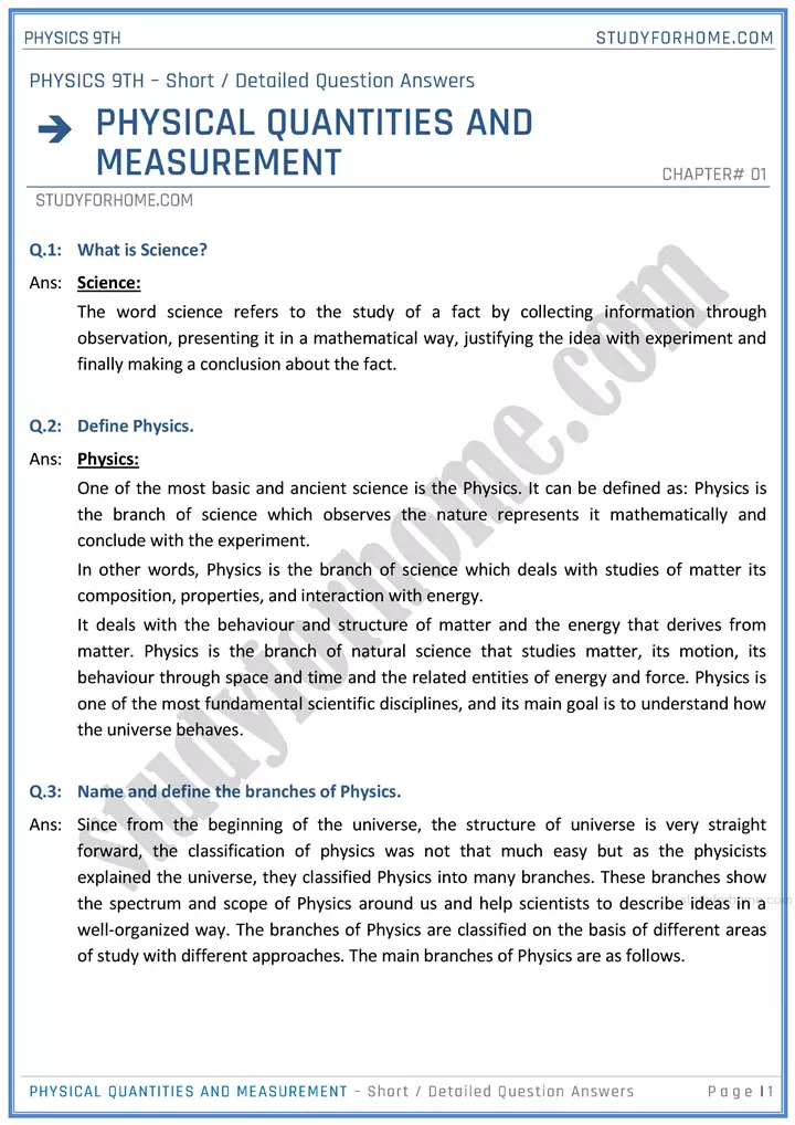 physical quantities and measurement short and detailed answer questions physics class 9th 01