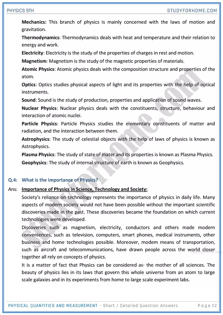 physical quantities and measurement short and detailed answer questions physics class 9th 02