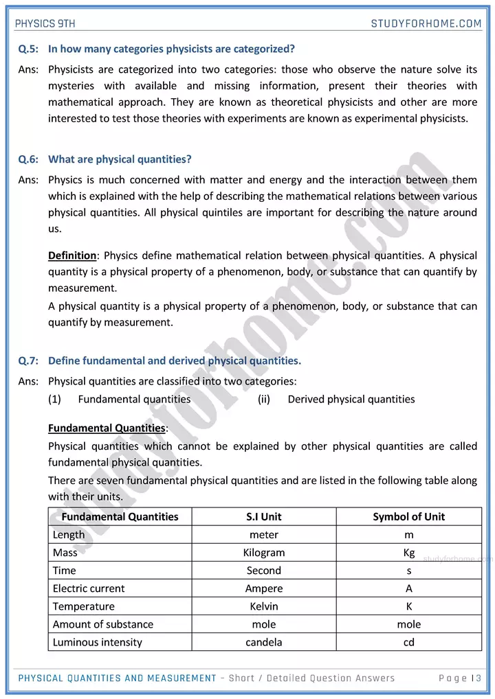 physical quantities and measurement short and detailed answer questions physics class 9th 03