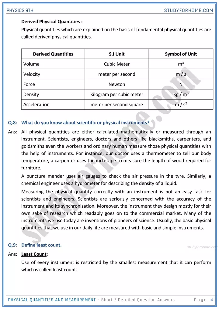 physical quantities and measurement short and detailed answer questions physics class 9th 04