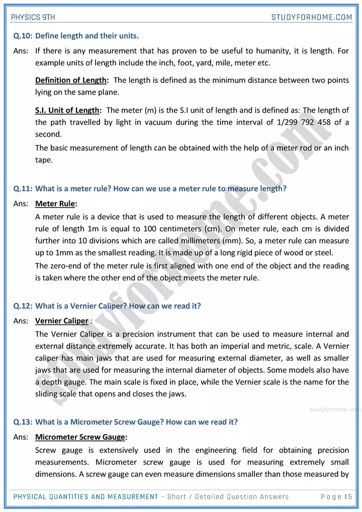 physical quantities and measurement short and detailed answer questions physics class 9th 05