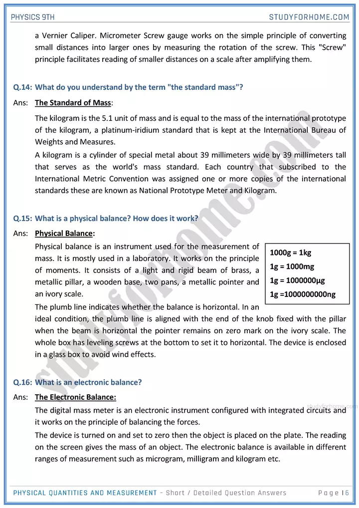 physical quantities and measurement short and detailed answer questions physics class 9th 06