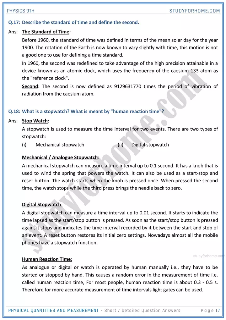 physical quantities and measurement short and detailed answer questions physics class 9th 07