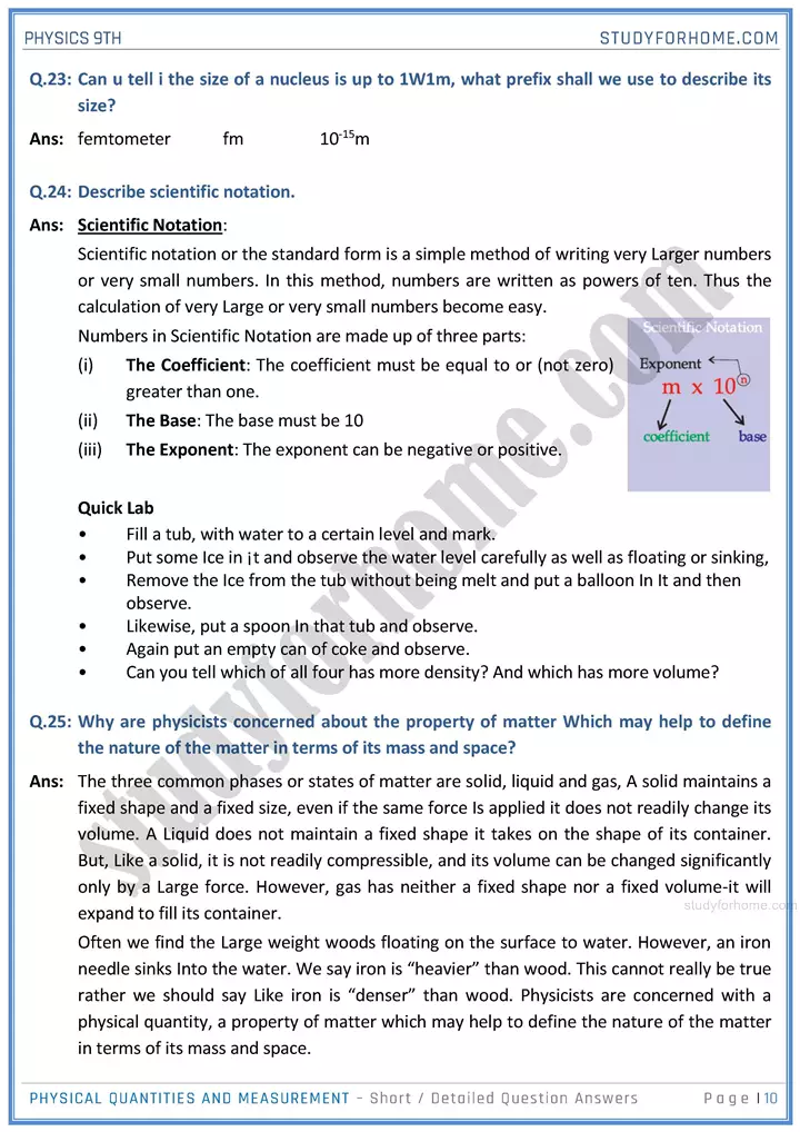 physical quantities and measurement short and detailed answer questions physics class 9th 10