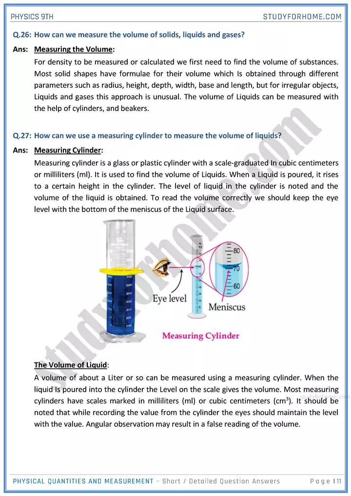 physical quantities and measurement short and detailed answer questions physics class 9th 11