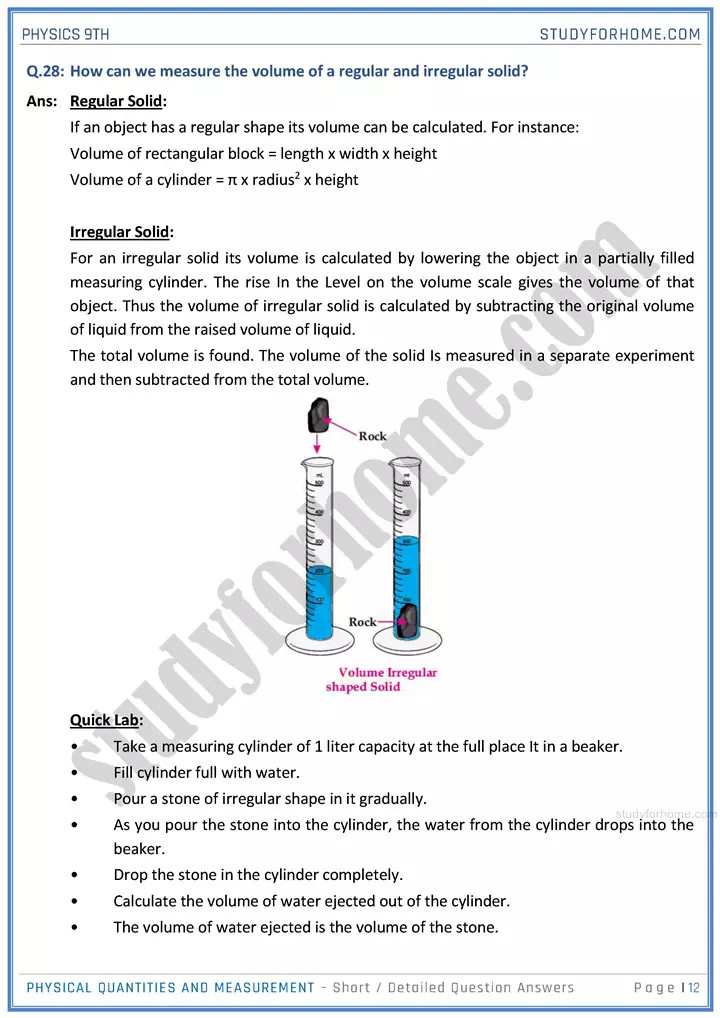 physical quantities and measurement short and detailed answer questions physics class 9th 12