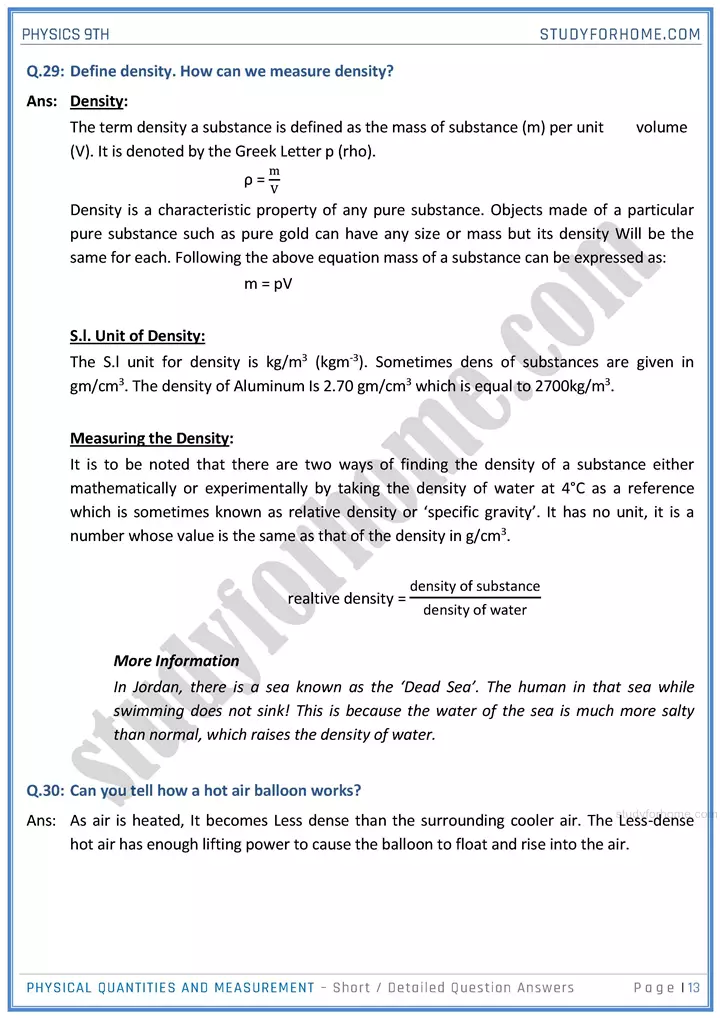 physical quantities and measurement short and detailed answer questions physics class 9th 13