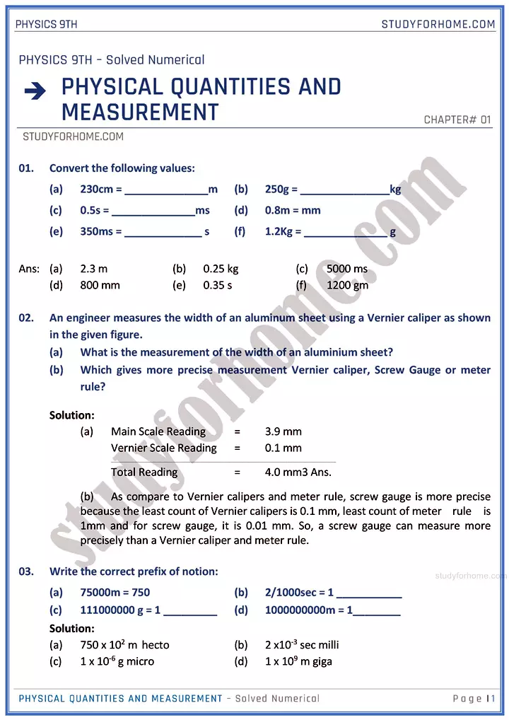 physical quantities and measurement solved numerical physics class 9th 01