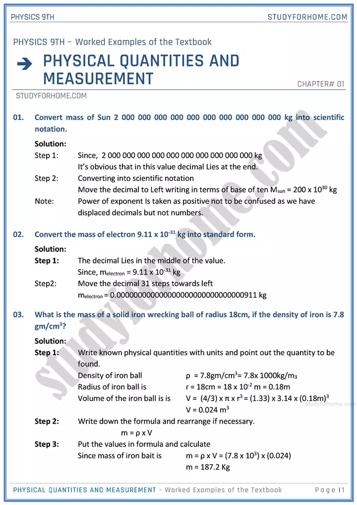 physical quantities and measurement worked examples of the textbook physics class 9th 01