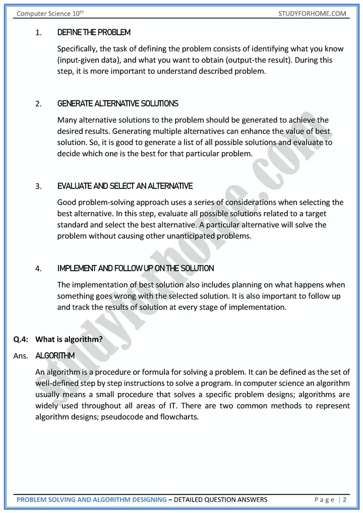 problem solving and algorithm designing detailed question answers computer science class 10th 02