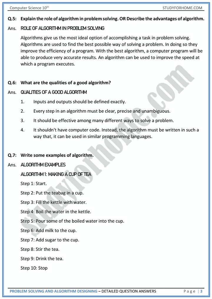 problem solving and algorithm designing detailed question answers computer science class 10th 03