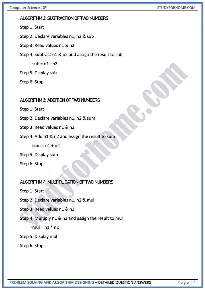 problem solving and algorithm designing detailed question answers computer science class 10th 04