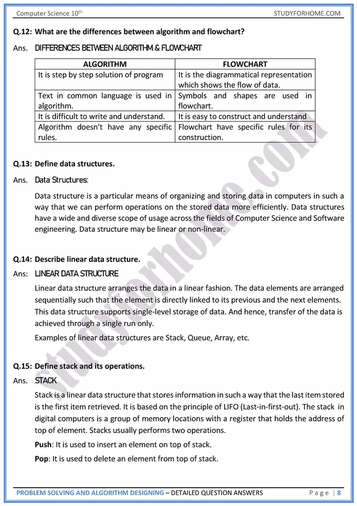 problem solving and algorithm designing detailed question answers computer science class 10th 08