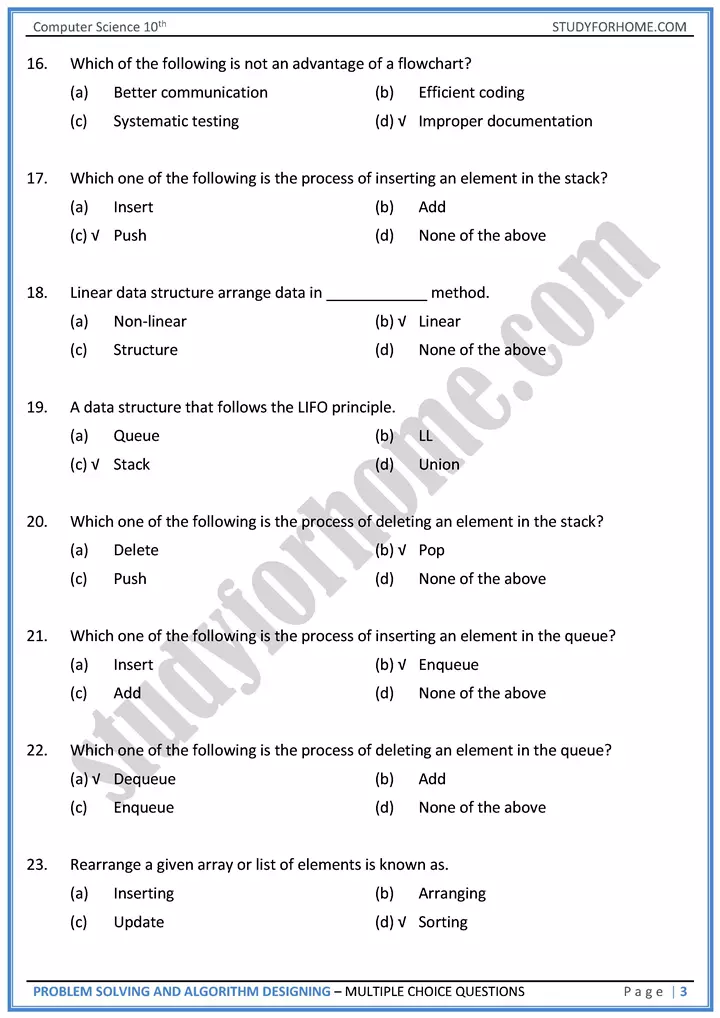 problem solving and algorithm designing multiple choice questions computer science class 10th 03