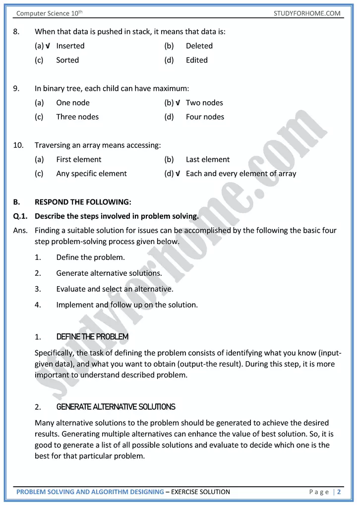 problem solving and algorithm designing solution of book exercise computer science class 10th 02